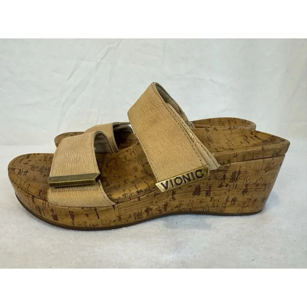 Vionic Pepper Womens Size 8 Wedge‎ Sandals Beige Leather Adjustable Strap